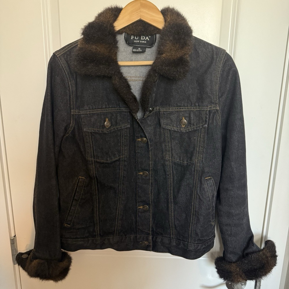 FUDA New York Women's Blue Cotton Denim Faux Fur Trim Collar Denim Jacket, Sz S‎
